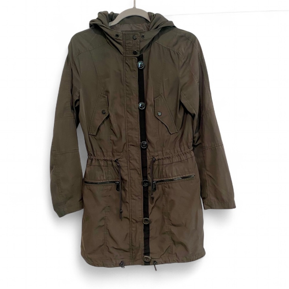 MARC NEW YORK ANDREW MARC OLIVE GREEN DRAWSTRING WAIST HOODED JACKET SIZE SMALL